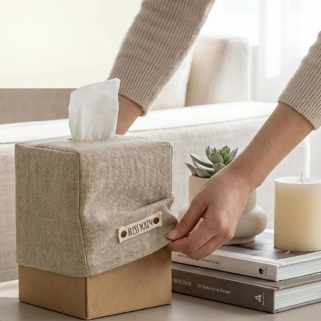 Dekorativer Textil-Taschentuchhalter – Stilvoller Kosmetikbox-Überzug aus Leinenoptik