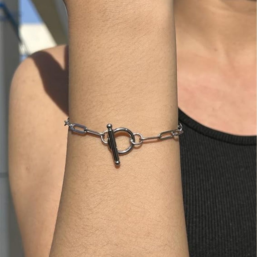 Modernes Gliederarmband – Stilvolles Silberarmband med T-lås och geometriska länkar