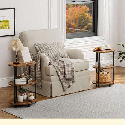 Industrieller Rundsidobord – Stilrent trevåningscafébord i trä och metall